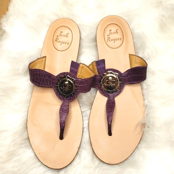 Jack Rogers Larissa Lilah Leather Thong Sandal 8.5 purple Logo Croc Embossed - Picture 2 of 7
